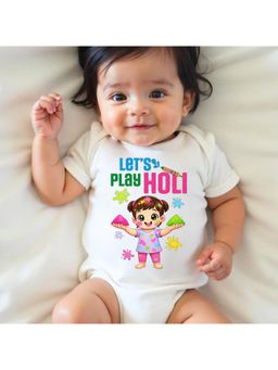 KNITROOT - Cotton Knit Holi Theme Let'S Play Holi Printed Onesie - White