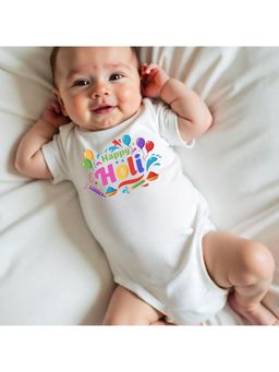 KNITROOT - Cotton Knit Holi Theme Happy Holi Printed Onesie - White