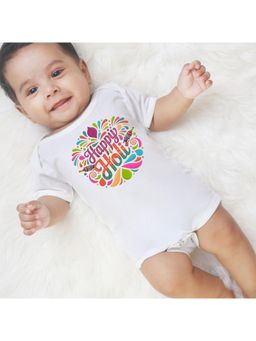 KNITROOT - Cotton Knit Holi Theme Happy Holi Printed Onesie - White