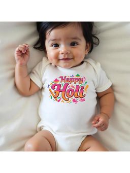 KNITROOT - Cotton Knit Holi Theme Happy Holi Printed Onesie - White