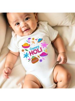 KNITROOT - Cotton Knit Holi Theme Happy Holi Printed Onesie - White