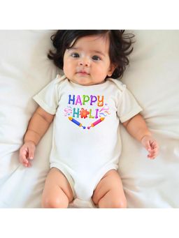 KNITROOT - Cotton Knit Holi Theme Happy Holi Printed Onesie - White