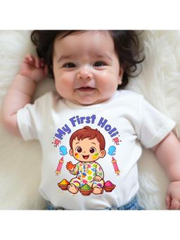 KNITROOT - Cotton Knit Holi Theme My First Holi Printed T-Shirt - White