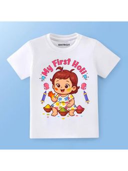 KNITROOT - Cotton Knit Holi Theme My First Holi Printed T-Shirt - White