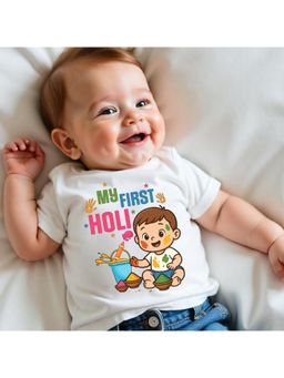 KNITROOT - Cotton Knit Holi Theme My First Holi Printed T-Shirt - White