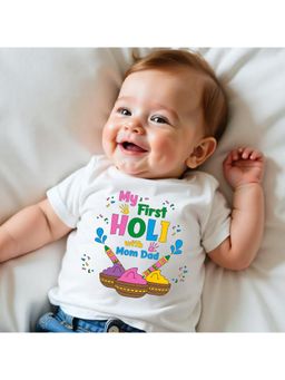 KNITROOT - Cotton Knit Holi Theme My First Holi with Mom Dad Printed T-Shirt - White
