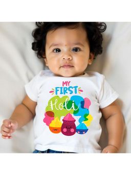 KNITROOT - Cotton Knit Holi Theme My First Holi Printed T-Shirt - White