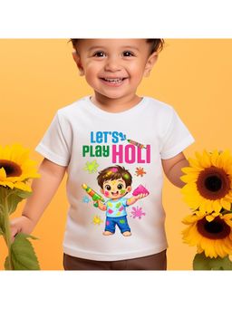KNITROOT - Cotton Knit Holi Theme Let'S Play Holi Printed T-Shirt - White