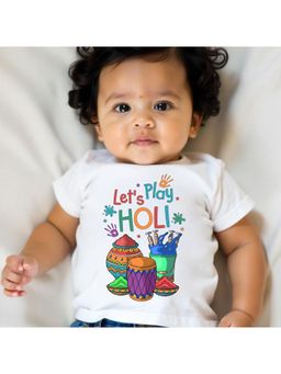 KNITROOT - Cotton Knit Holi Theme Let'S Play Holi Printed T-Shirt - White
