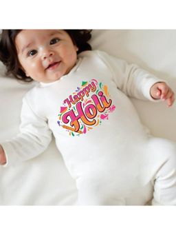 KNITROOT - Cotton Knit Holi Theme Happy Holi Printed Romper - White