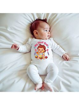 KNITROOT - Cotton Knit Holi Theme My First Holi Printed Romper - White