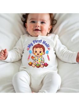 KNITROOT - Cotton Knit Holi Theme My First Holi Printed Romper - White