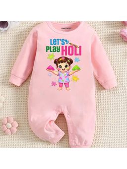 KNITROOT - Cotton Knit Holi Theme Let'S Play Holi Printed Romper - Pink