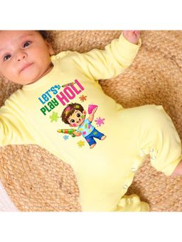 KNITROOT - Cotton Knit Holi Theme Let'S Play Holi Printed Romper - Yellow
