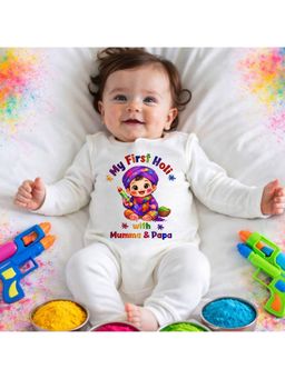 KNITROOT - Cotton Knit Holi Theme Happy Holi Printed Romper - White