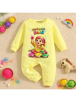 KNITROOT - Cotton Knit Holi Theme Meri Pheli Holi Printed Romper - Yellow
