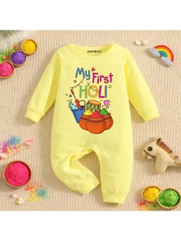 KNITROOT - Cotton Knit Holi Theme My First Holi Printed Romper - Yellow