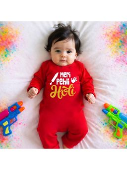 KNITROOT - Cotton Knit Holi Theme Meri Pheli Holi Printed Romper - Red