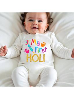 KNITROOT - Cotton Knit Holi Theme My First Holi Printed Romper - White