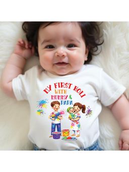 KNITROOT - Holi Theme My First Holi with Mumma and Papa Printed T-Shirt - White