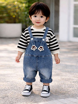 Little Surprise Box - Black Mated Dungaree with Stripes T-Shirt