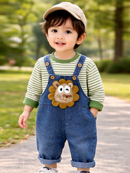 Little Surprise Box - Spongy Lion Dungaree with Green Stripes T-Shirt
