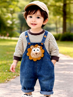 Little Surprise Box - Spongy Lion Dungaree with Stripes T-Shirt - Blue