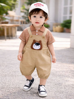 Little Surprise Box - Brown Stripes Tee with Khaki Bear Dungaree