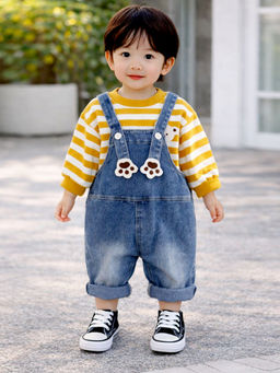 Little Surprise Box - Mustard Mated Dungaree with Stripes T-Shirt