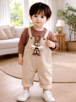 Little Surprise Box - Beige 3D Animal Dungaree with Brown T-Shirt