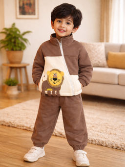 Little Surprise Box - Brown Crew Neck 3D Lion Fleece Winter Tracksuit Set For Kids