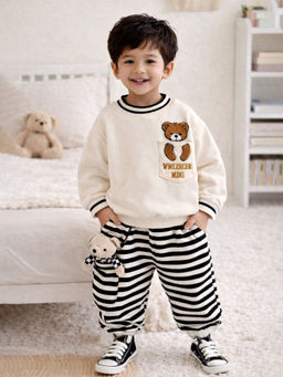Little Surprise Box - Cream and Black Pocket Bear Fleece Winter Tracksuit Set For Kids