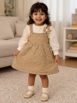 Little Surprise Box - Beige Quilted Pinafore Dress with Inner Top For Girls