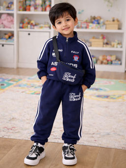 Little Surprise Box - Sporty Navy Blue Tracksuit Set with Matching Sling Bag For Kids