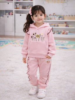 Little Surprise Box - Pink Crochet Floral Frill Fleece Winter Tracksuit Set For Kids