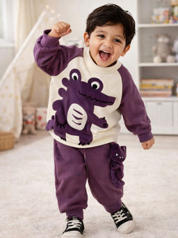 Little Surprise Box - Purple Croc Pocket Fleece Winter Tracksuit Set For Kids
