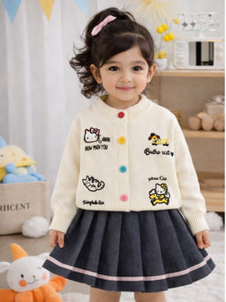 Little Surprise Box - Cat-Dog Print Cream Cardigan and Pleated Skirt Winterwear