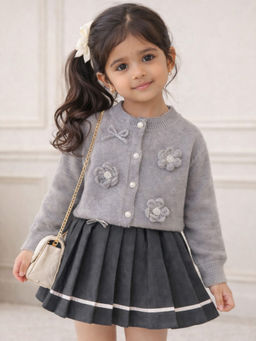 Little Surprise Box - 3D Flowers-Bows Grey Cardigan and Pleated Skirt Winterwear