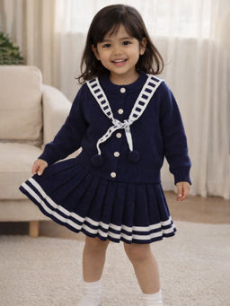 Little Surprise Box - Navy Blue Cardigan and Skirt with Muffler Winterwear