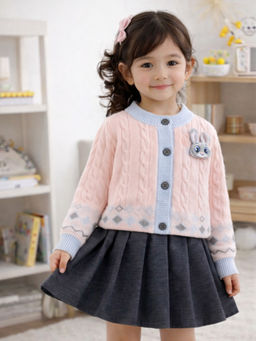 Little Surprise Box - Pink-Blue Cardigan and Grey Pleated Skirt Winterwear