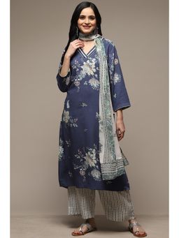 Biba - Indigo Rayon Straight Kurta Palazzo Suit (Set of 3)