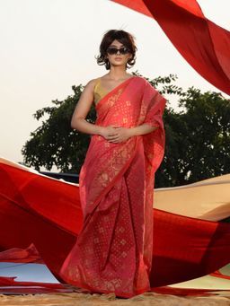 CHARUKRITI - Punch Pink Cotton Blend Ethnic Motifs and Zari Jamdani Pallu Saree with Unstitched Blouse