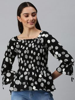 SHOWOFF - Women Boat Neck Bell Sleeves Polka Dot Black Top