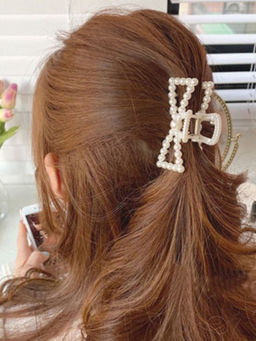 OOMPH - Gold Tone White Pearls Bow Shape Large Big Hair Claw