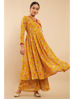 Soch - Mustard Yellow Georgette Floral Angarkha Suit (Set of 2)
