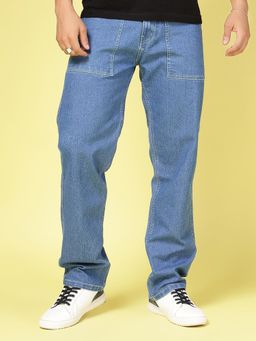 RIGO - Men Straight Fit Medium Blue Contrast Stitch Detail Jeans
