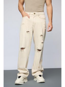 FREAKINS - Ecru Escape Distressed Mens Straight Jeans