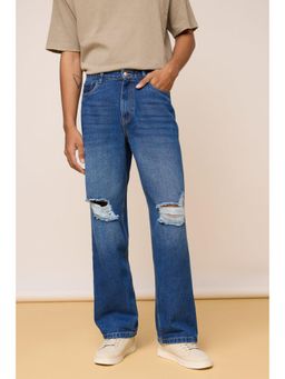 FREAKINS - Mid Blue Denim Distressed Mens Wide Jeans