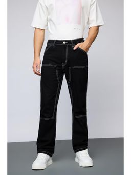 FREAKINS - Jet Black Contrast Stitch Mens Straight Jeans