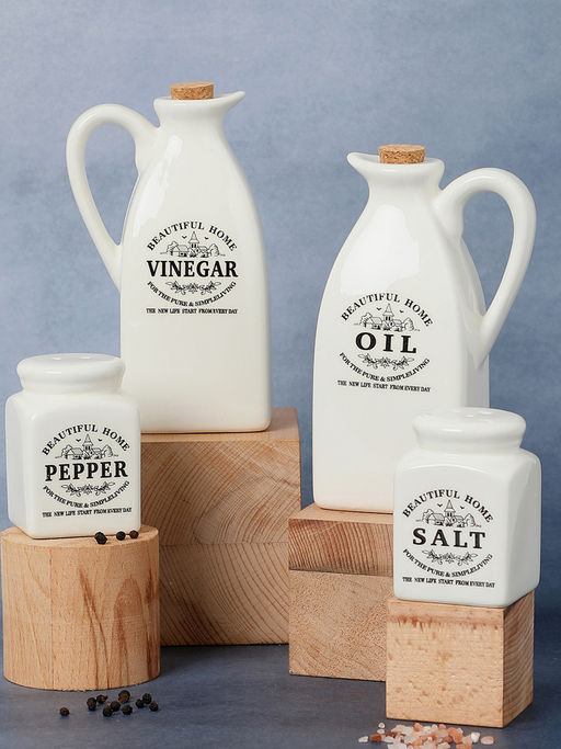 Bonhomie White Solid Printed Ceramic Salt and Pepper Vinegar Oil Storage Accessories Pack of 4